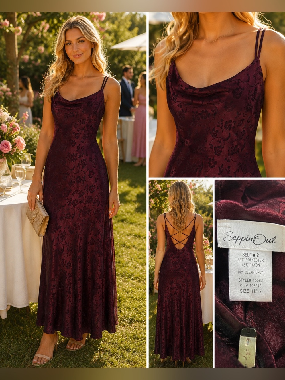 Y2K Seppin Out Burgundy Satin Floral Maxi Dress Open Back Slip Bias Cut 11 12 M